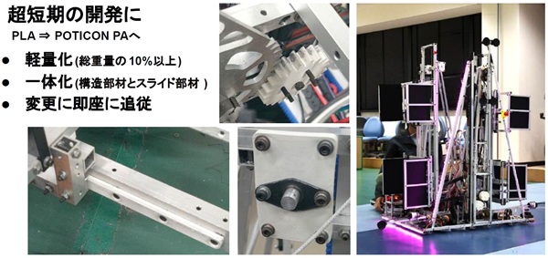 大塚化学とグーテンベルク ロボットへの展開 図5 高専ロボコンの阿南高専でのロボット部品造形例:機構の軽量化によってボックスの積み上げにおける可搬重量をアップ bmt ベアリング&モーション・テック