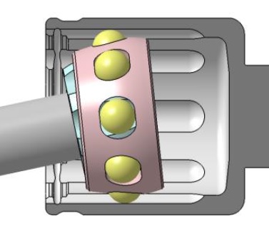 NTN ボールタイプしゅう動式等速ジョイント「EDJ」 EDJの構造:ボールを用いてスライド運動を行うしゅう動式等速ジョイント。ボールと内部部品の間のすき間が小さいため、応答性に優れるほか発進加速時の低振動化が可能 bmt ベアリング&モーション・テック