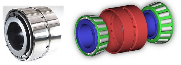 ジェイテクト　採用された車軸用低トルク円すいころ軸受：外観（左）と構成（右）　bmt　ベアリング＆モーション・テック
