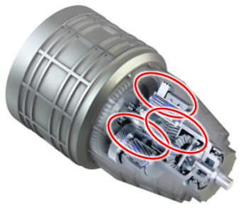 NTN　同軸e-Axle（赤丸部分が本商品の使用箇所）　bmt　ベアリング＆モーション・テック
